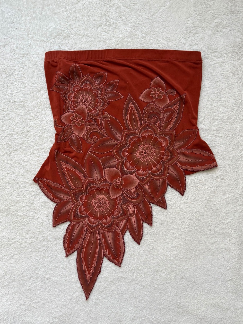 Vintage 90s Lipstick burnt orange floral beaded asymmetrical tube top